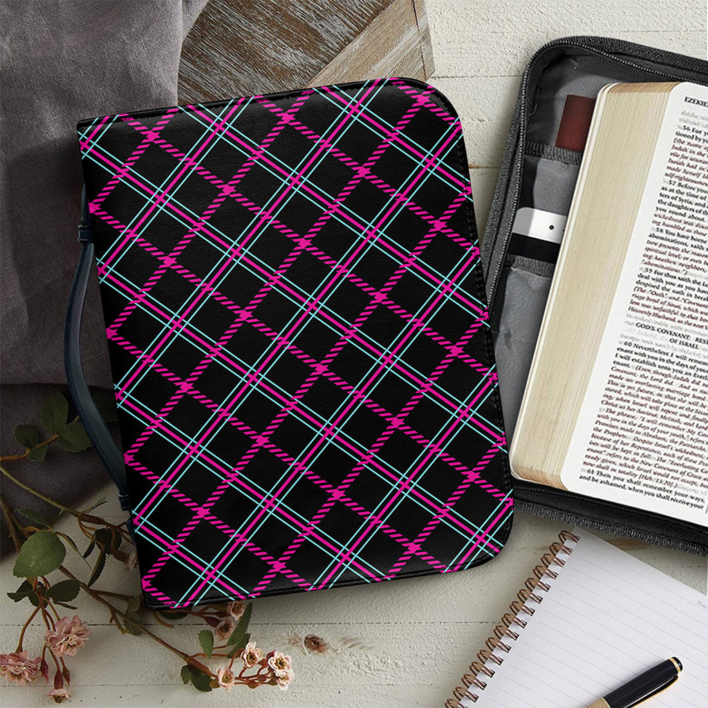 Black Pink And Blue Tartan Pattern Print Leather Bible Cover