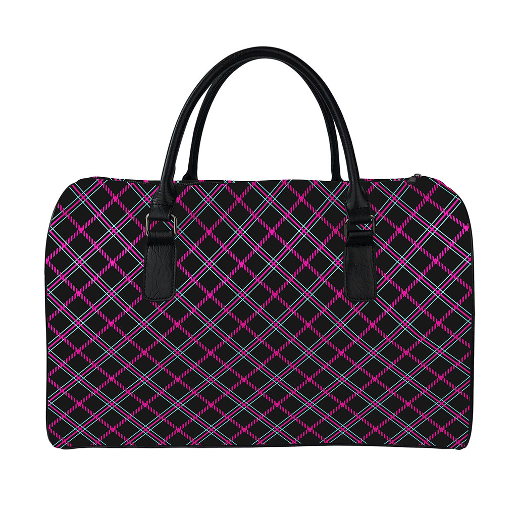 Black Pink And Blue Tartan Pattern Print Leather Duffle Bag