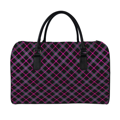 Black Pink And Blue Tartan Pattern Print Leather Duffle Bag
