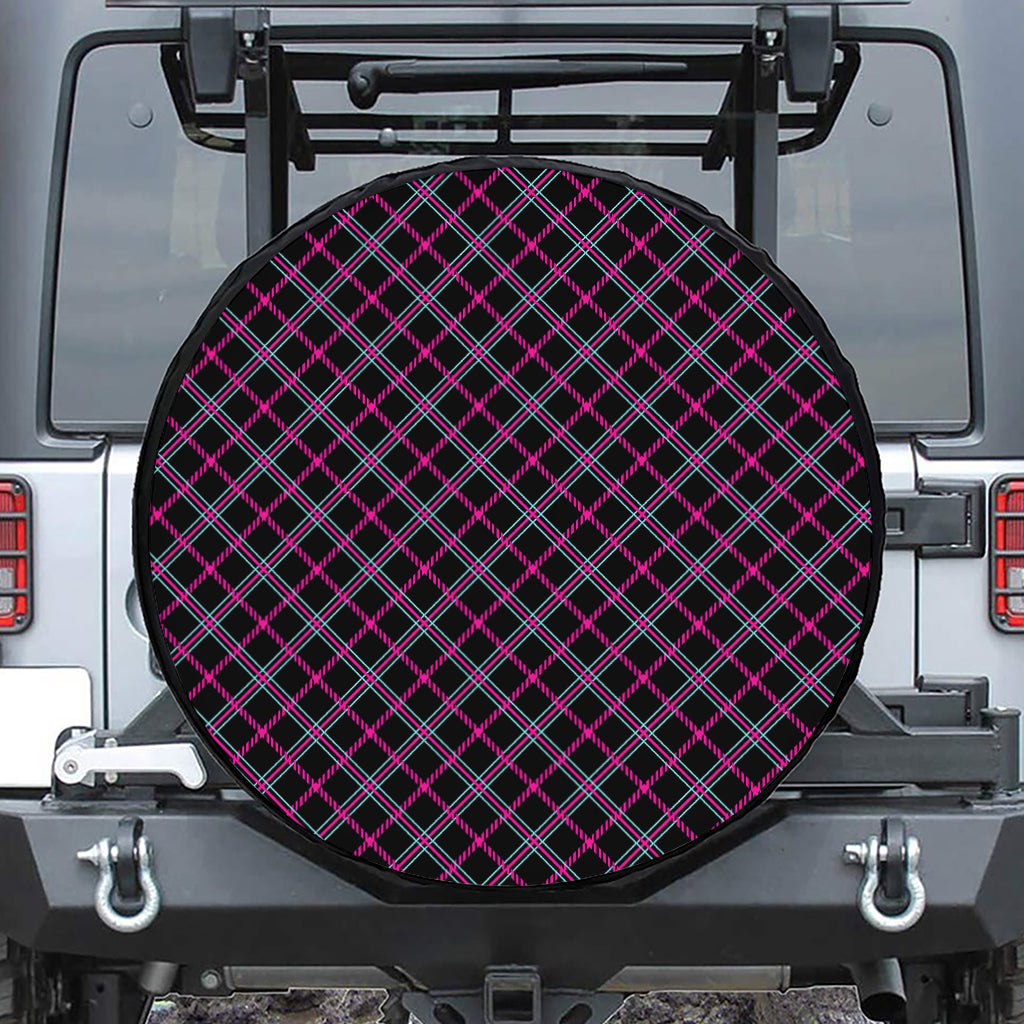 Black Pink And Blue Tartan Pattern Print Leather Spare Tire Cover