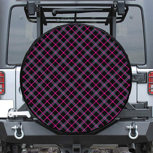 Black Pink And Blue Tartan Pattern Print Leather Spare Tire Cover