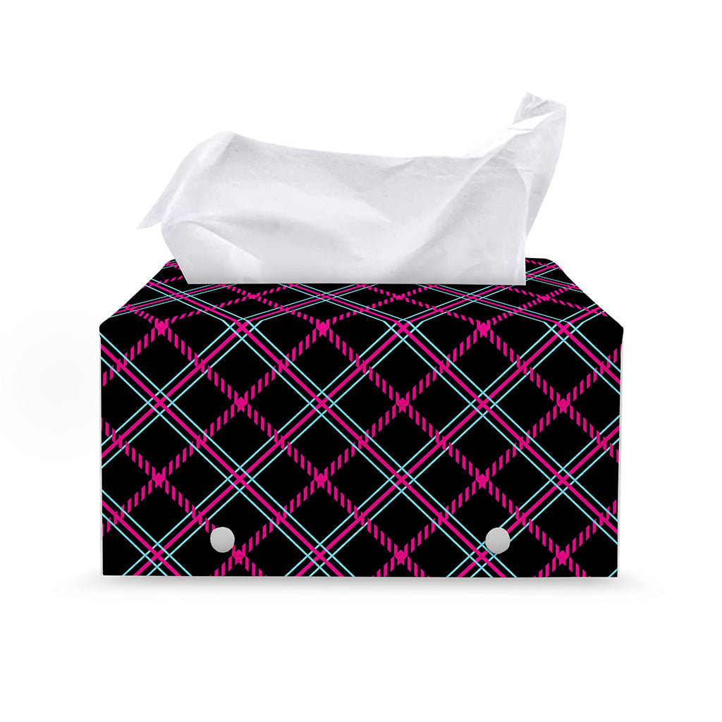 Black Pink And Blue Tartan Pattern Print Leather Tissue Box Cover