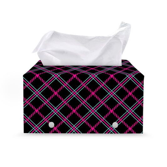 Black Pink And Blue Tartan Pattern Print Leather Tissue Box Cover