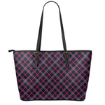 Black Pink And Blue Tartan Pattern Print Leather Tote Bag