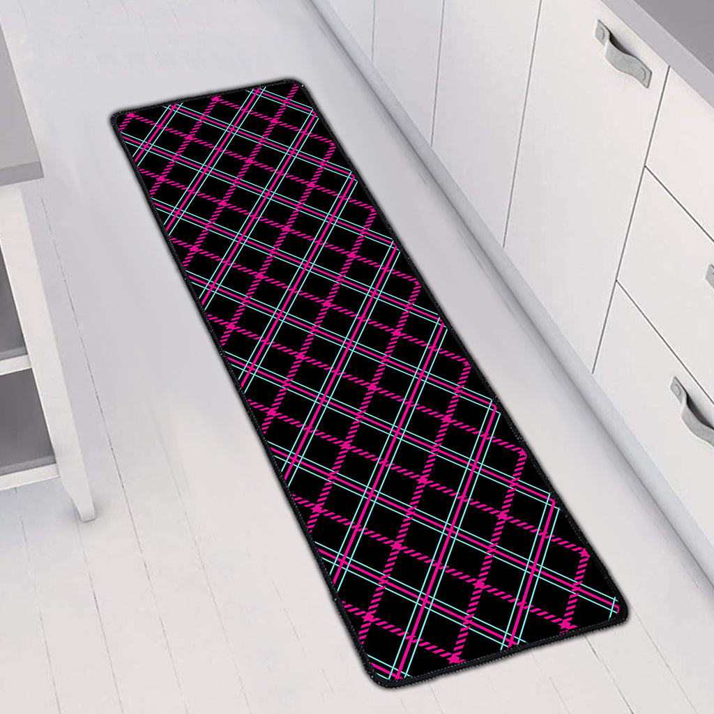 Black Pink And Blue Tartan Pattern Print Long Kitchen Mat