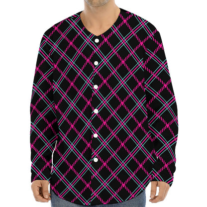 Black Pink And Blue Tartan Pattern Print Long Sleeve Baseball Jersey