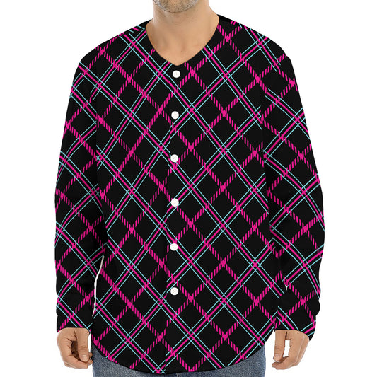 Black Pink And Blue Tartan Pattern Print Long Sleeve Baseball Jersey