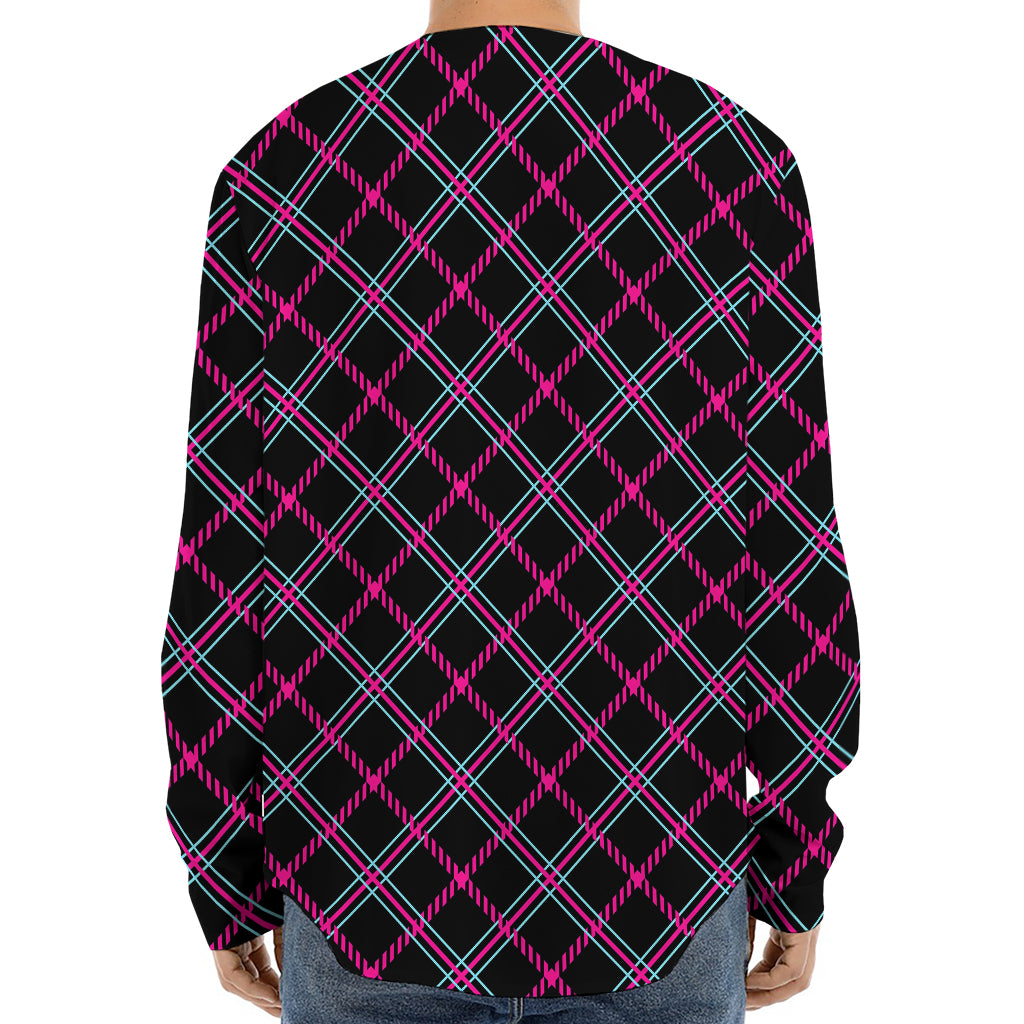 Black Pink And Blue Tartan Pattern Print Long Sleeve Baseball Jersey