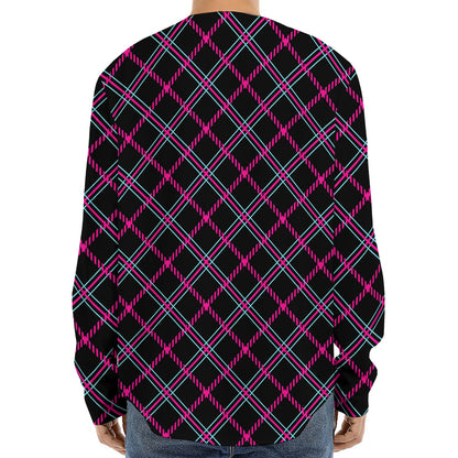 Black Pink And Blue Tartan Pattern Print Long Sleeve Baseball Jersey