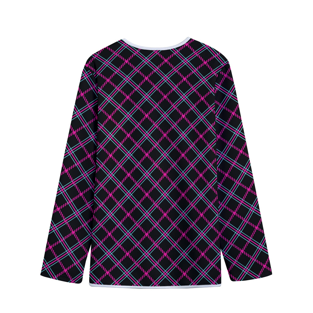 Black Pink And Blue Tartan Pattern Print Long Sleeve Short Coat
