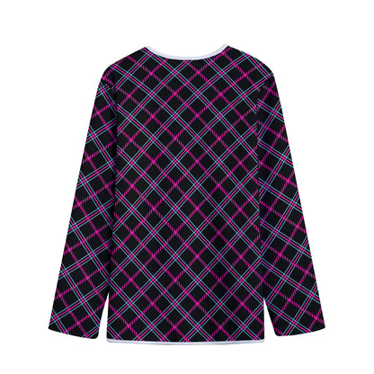 Black Pink And Blue Tartan Pattern Print Long Sleeve Short Coat