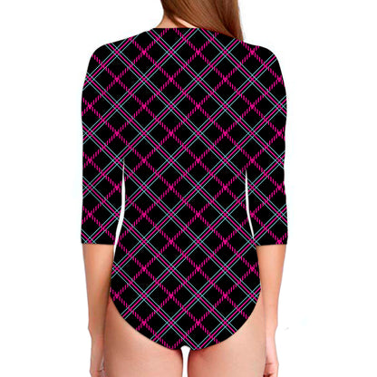 Black Pink And Blue Tartan Pattern Print Long Sleeve Swimsuit