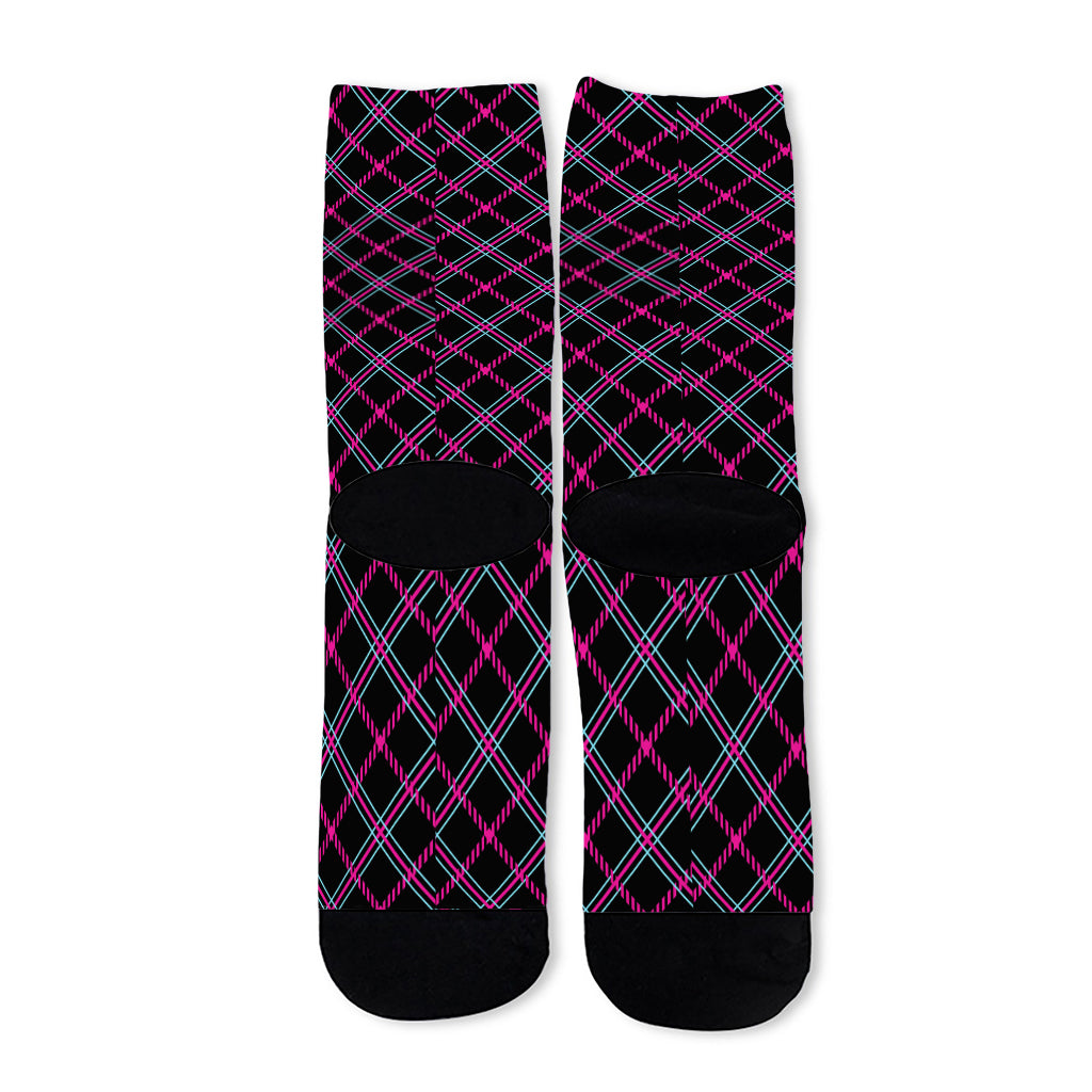 Black Pink And Blue Tartan Pattern Print Long Socks