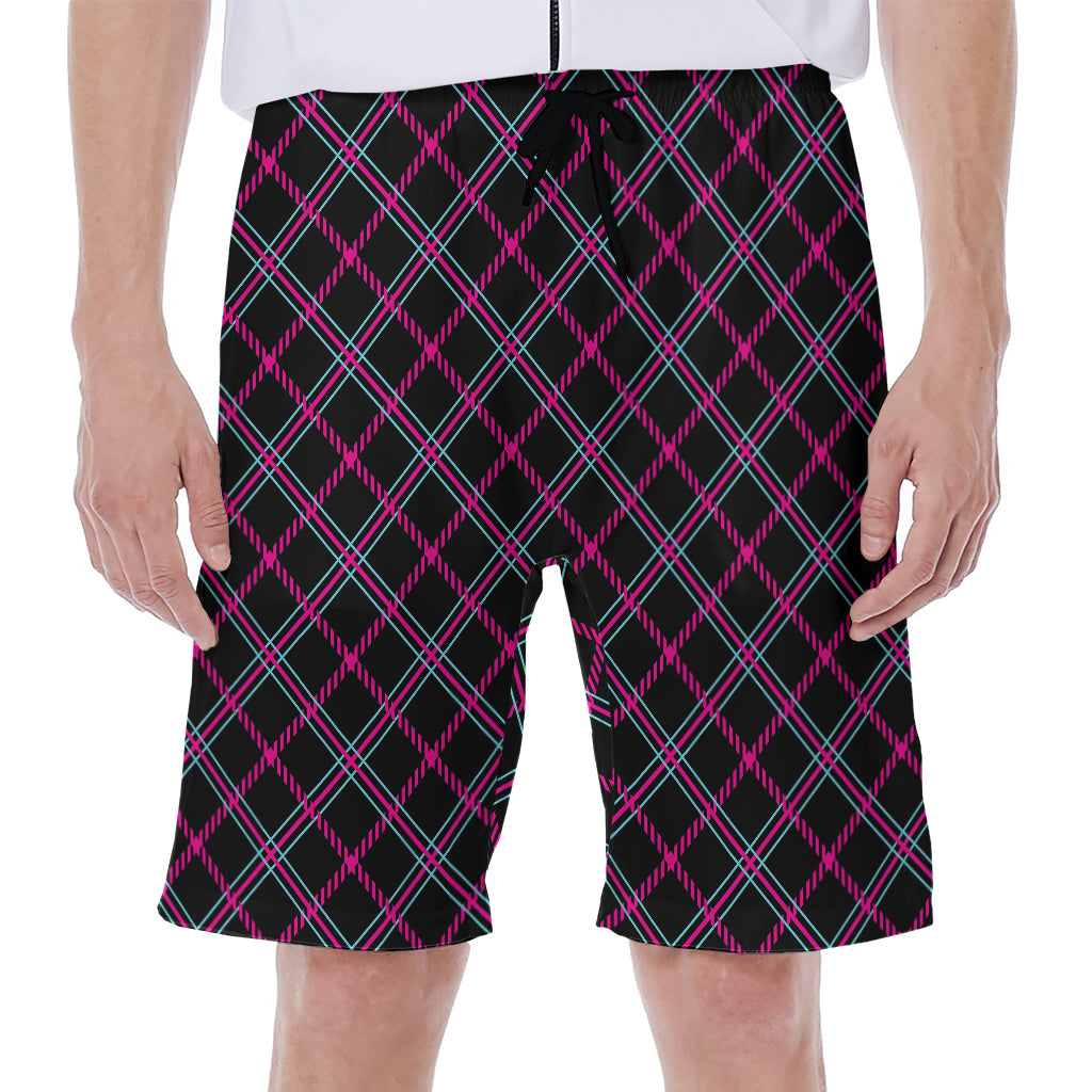Black Pink And Blue Tartan Pattern Print Men's Beach Shorts