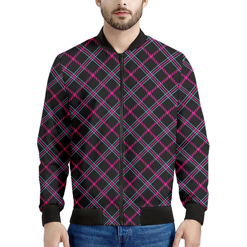 Black Pink And Blue Tartan Pattern Print Men's Bomber Jacket