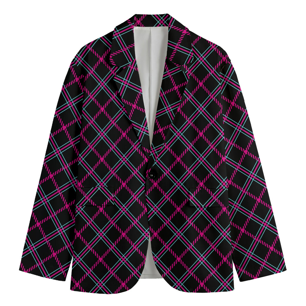 Black Pink And Blue Tartan Pattern Print Men's Cotton Blazer