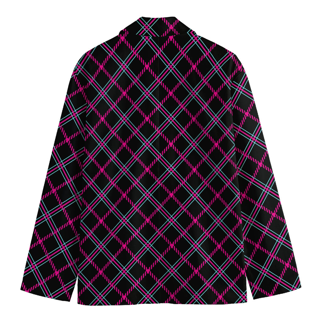 Black Pink And Blue Tartan Pattern Print Men's Cotton Blazer