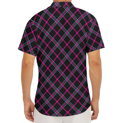 Black Pink And Blue Tartan Pattern Print Men's Deep V-Neck Shirt