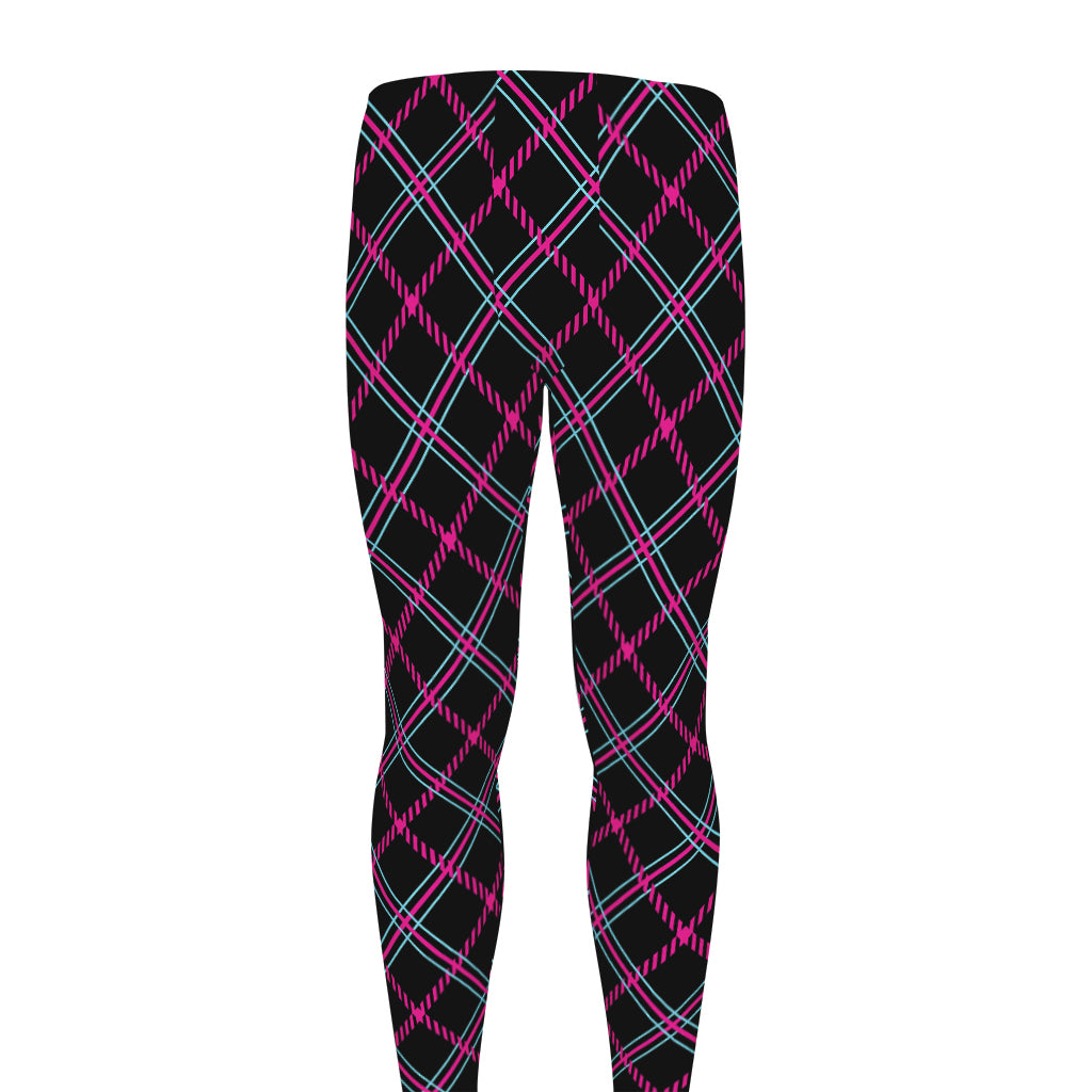 Black Pink And Blue Tartan Pattern Print Men's leggings