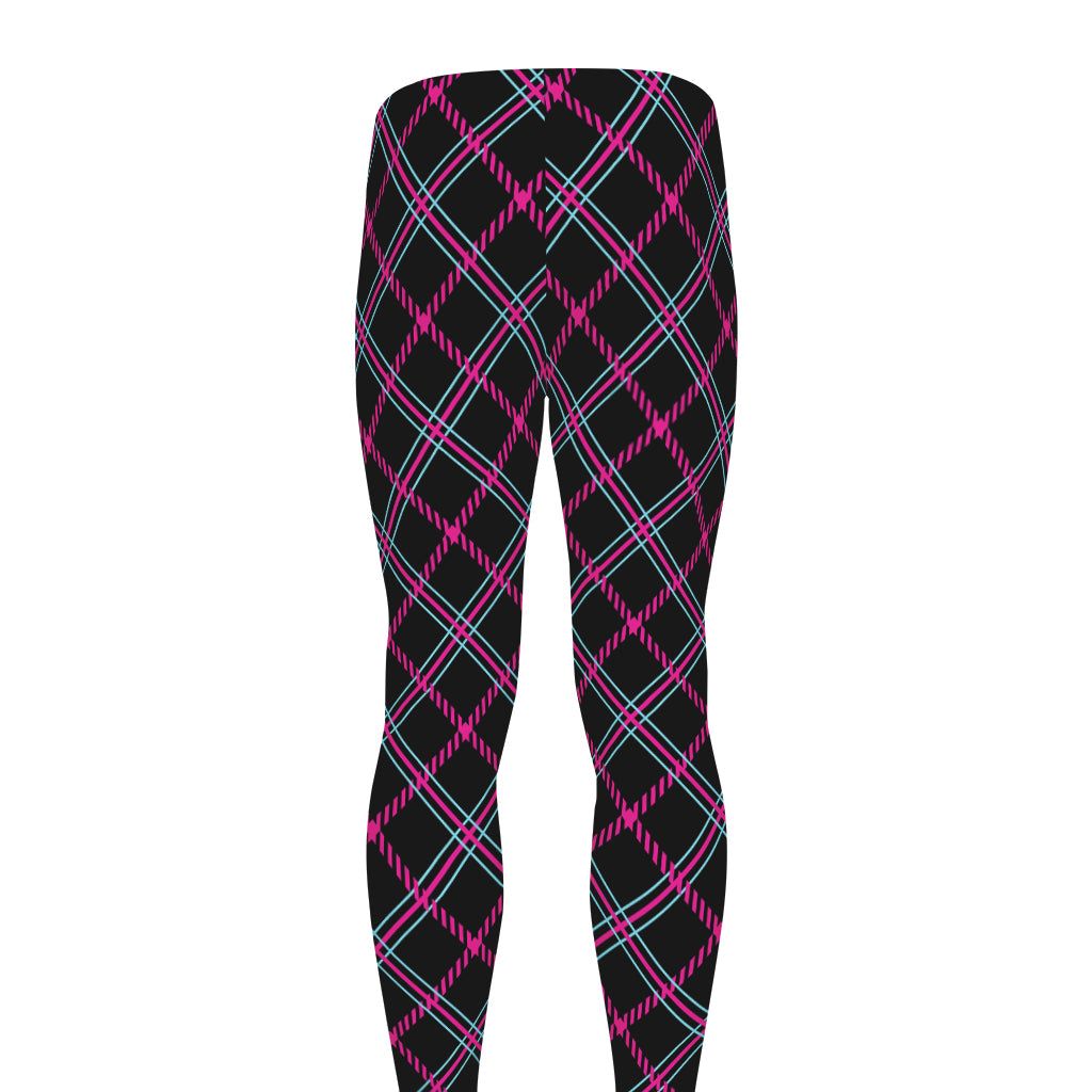Black Pink And Blue Tartan Pattern Print Men's leggings