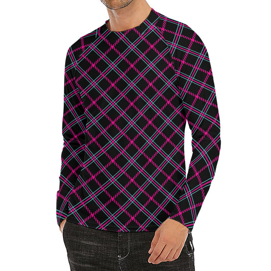 Black Pink And Blue Tartan Pattern Print Men's Long Sleeve Rash Guard