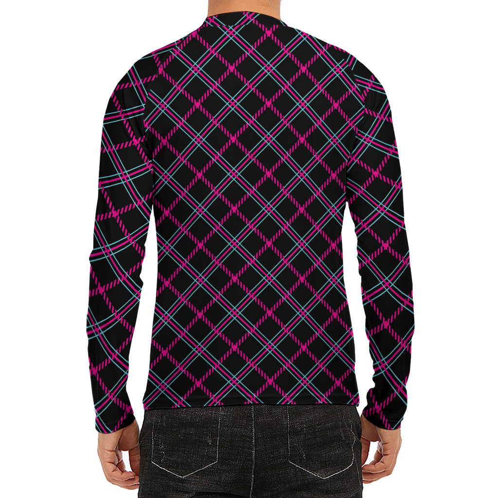 Black Pink And Blue Tartan Pattern Print Men's Long Sleeve Rash Guard