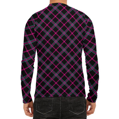 Black Pink And Blue Tartan Pattern Print Men's Long Sleeve Rash Guard