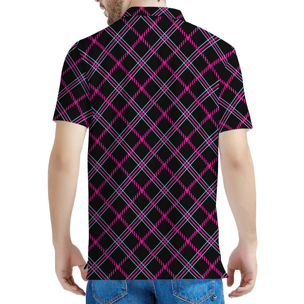 Black Pink And Blue Tartan Pattern Print Men's Polo Shirt