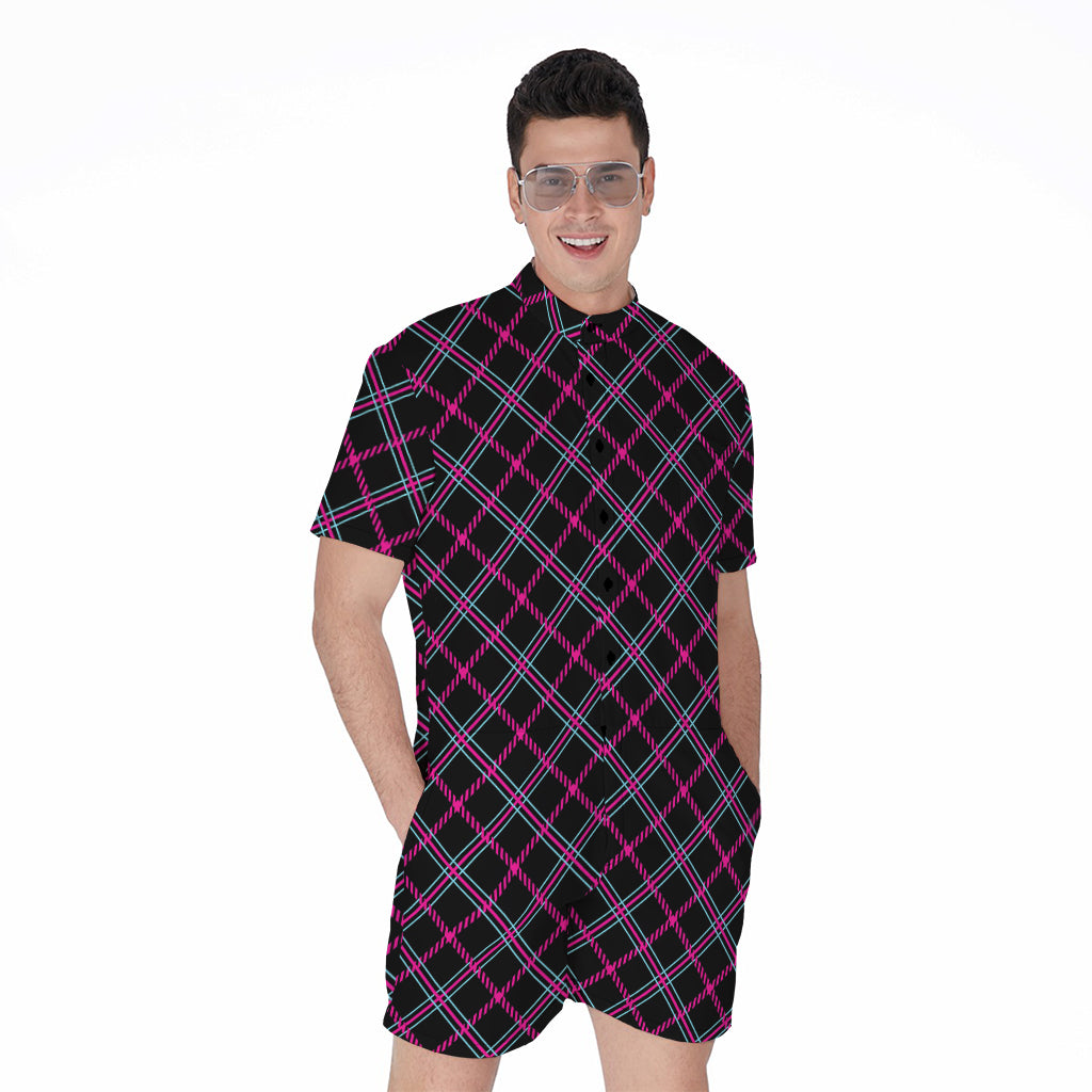 Black Pink And Blue Tartan Pattern Print Men's Rompers