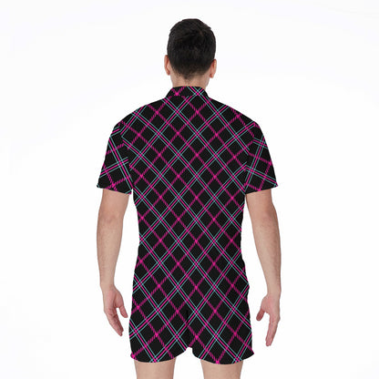 Black Pink And Blue Tartan Pattern Print Men's Rompers