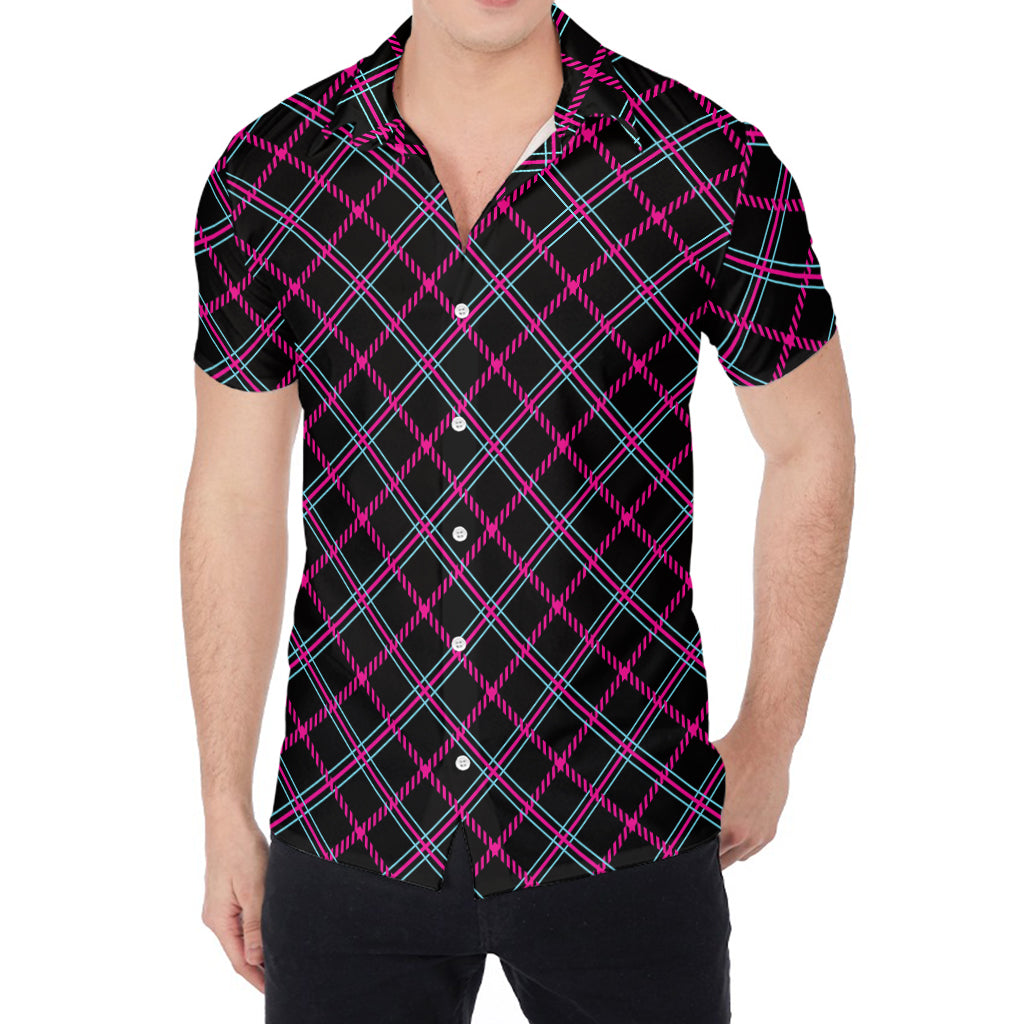 Black Pink And Blue Tartan Pattern Print Men's Shirt