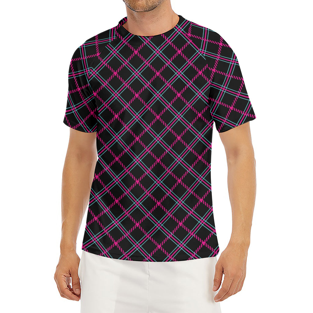 Black Pink And Blue Tartan Pattern Print Men's Short Sleeve Rash Guard