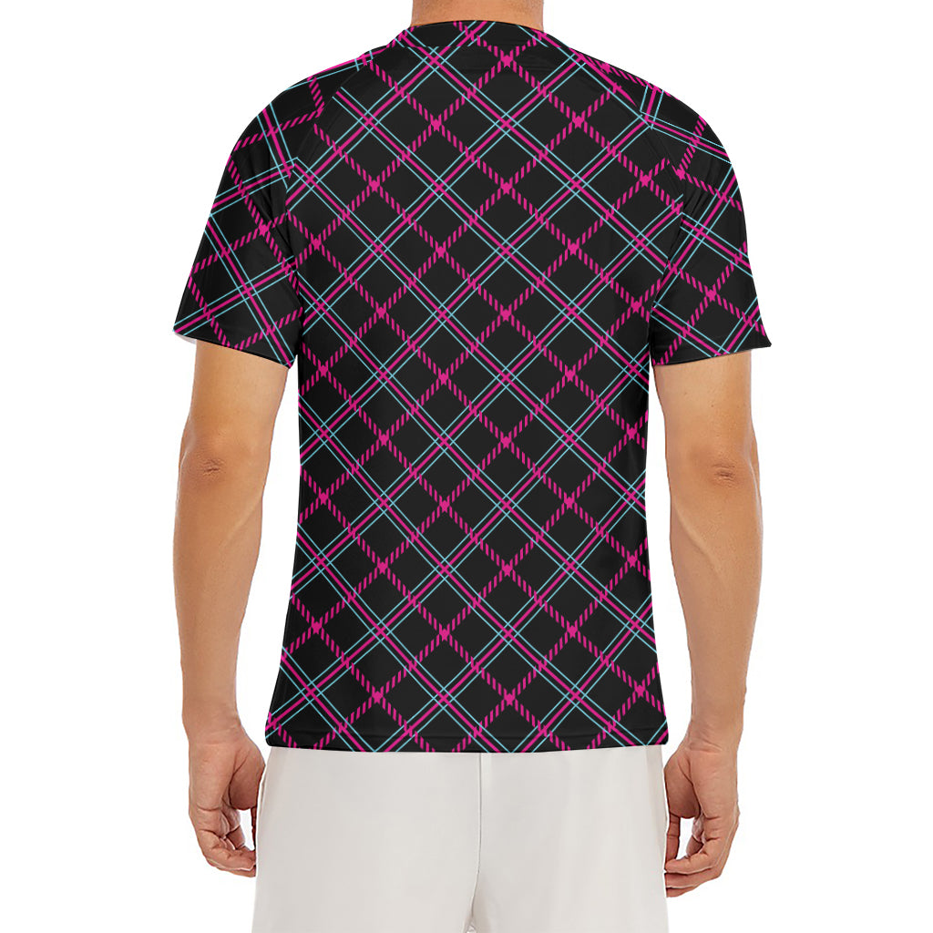 Black Pink And Blue Tartan Pattern Print Men's Short Sleeve Rash Guard