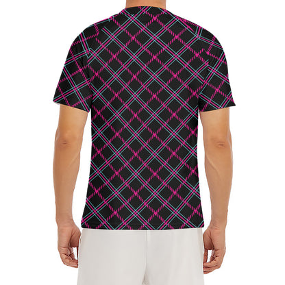 Black Pink And Blue Tartan Pattern Print Men's Short Sleeve Rash Guard