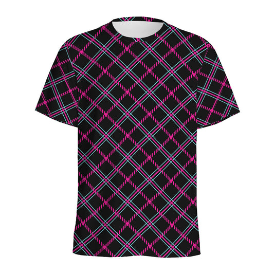 Black Pink And Blue Tartan Pattern Print Men's Sports T-Shirt
