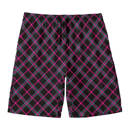 Black Pink And Blue Tartan Pattern Print Men's Swim Trunks