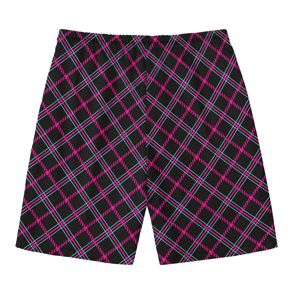 Black Pink And Blue Tartan Pattern Print Men's Swim Trunks