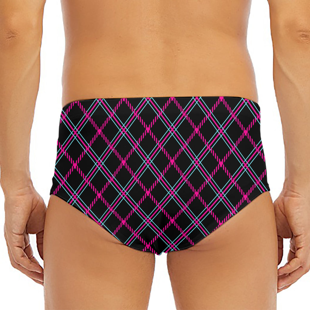 Black Pink And Blue Tartan Pattern Print Men's Triangle Swim Briefs