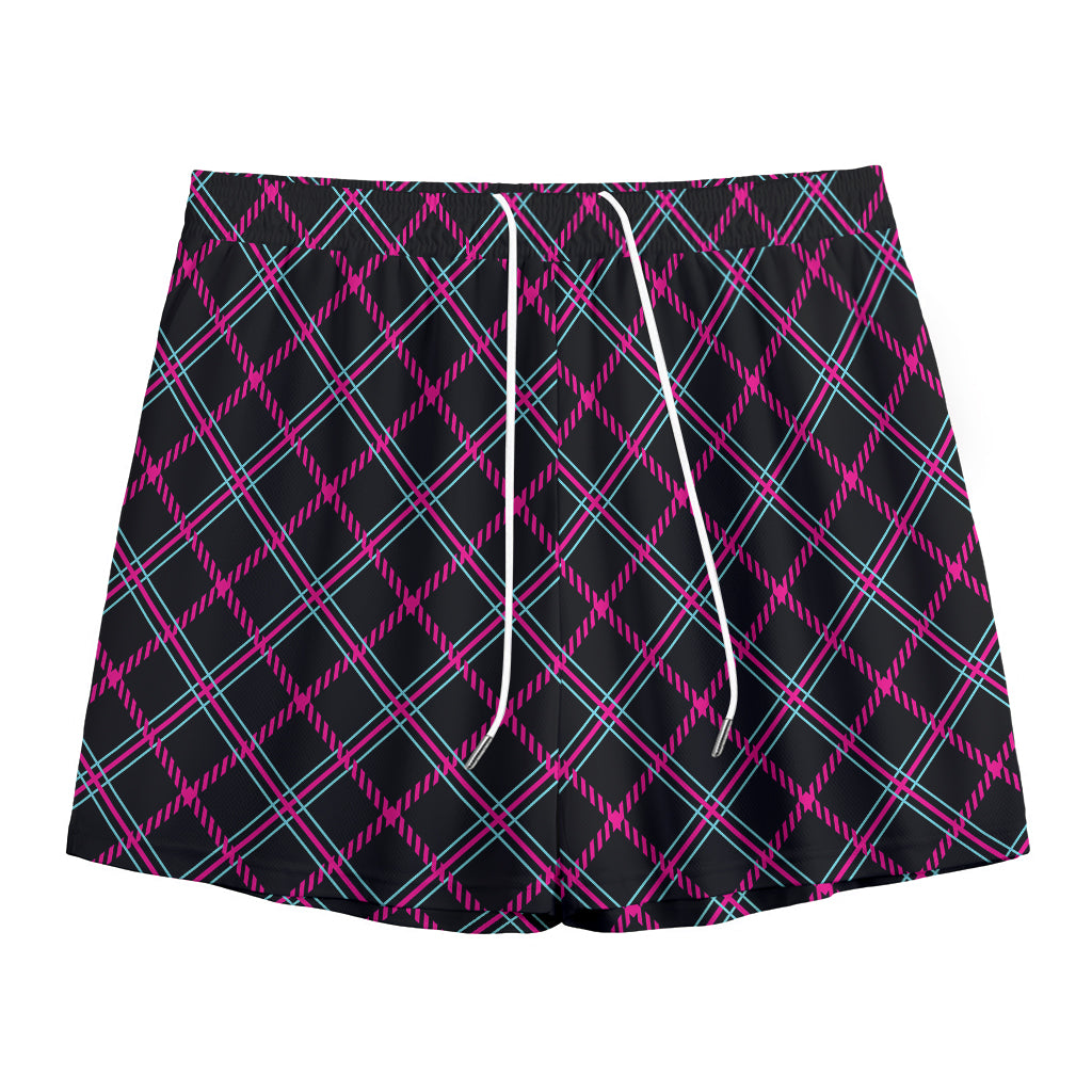 Black Pink And Blue Tartan Pattern Print Mesh Shorts