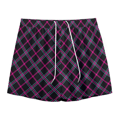 Black Pink And Blue Tartan Pattern Print Mesh Shorts