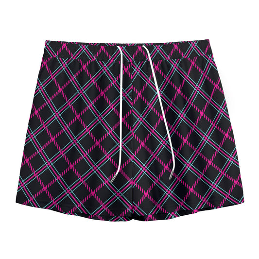 Black Pink And Blue Tartan Pattern Print Mesh Shorts