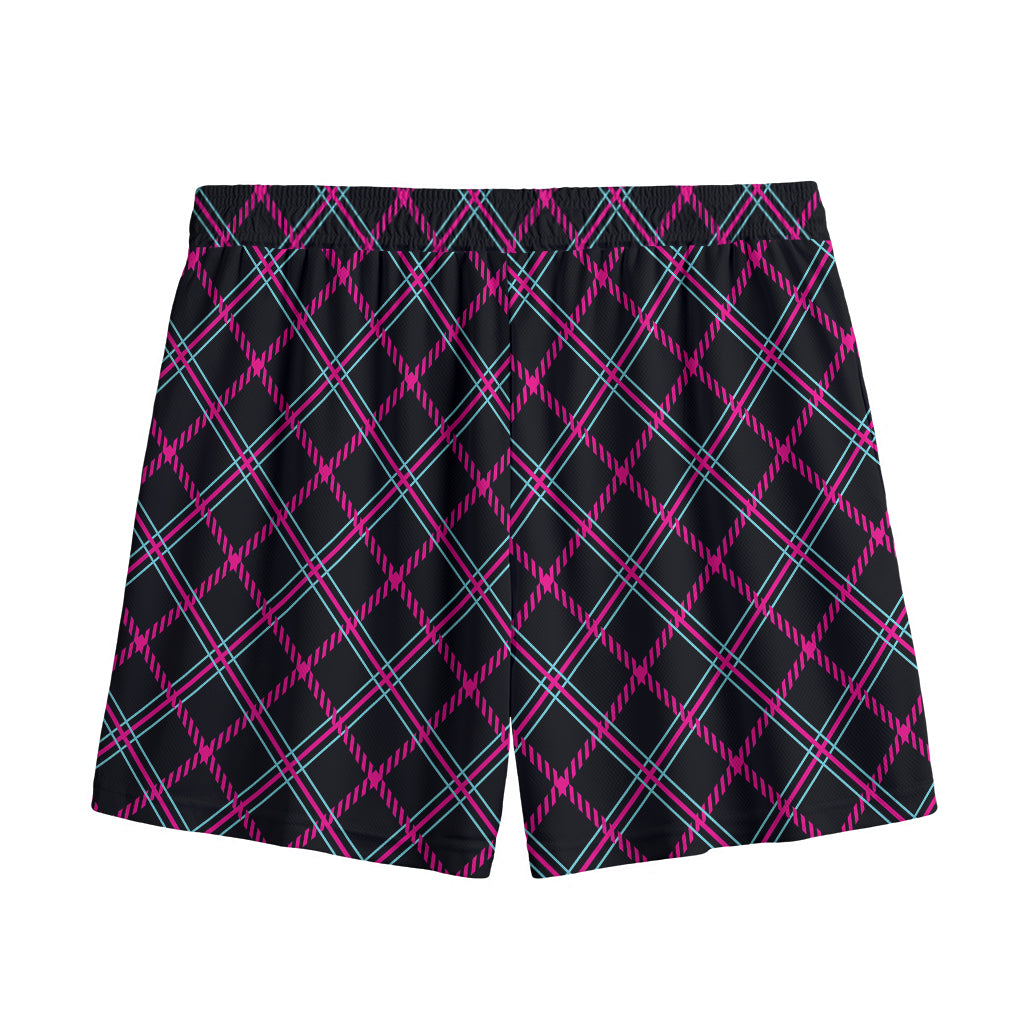 Black Pink And Blue Tartan Pattern Print Mesh Shorts