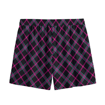 Black Pink And Blue Tartan Pattern Print Mesh Shorts
