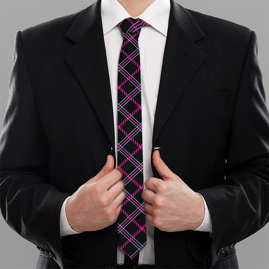 Black Pink And Blue Tartan Pattern Print Necktie