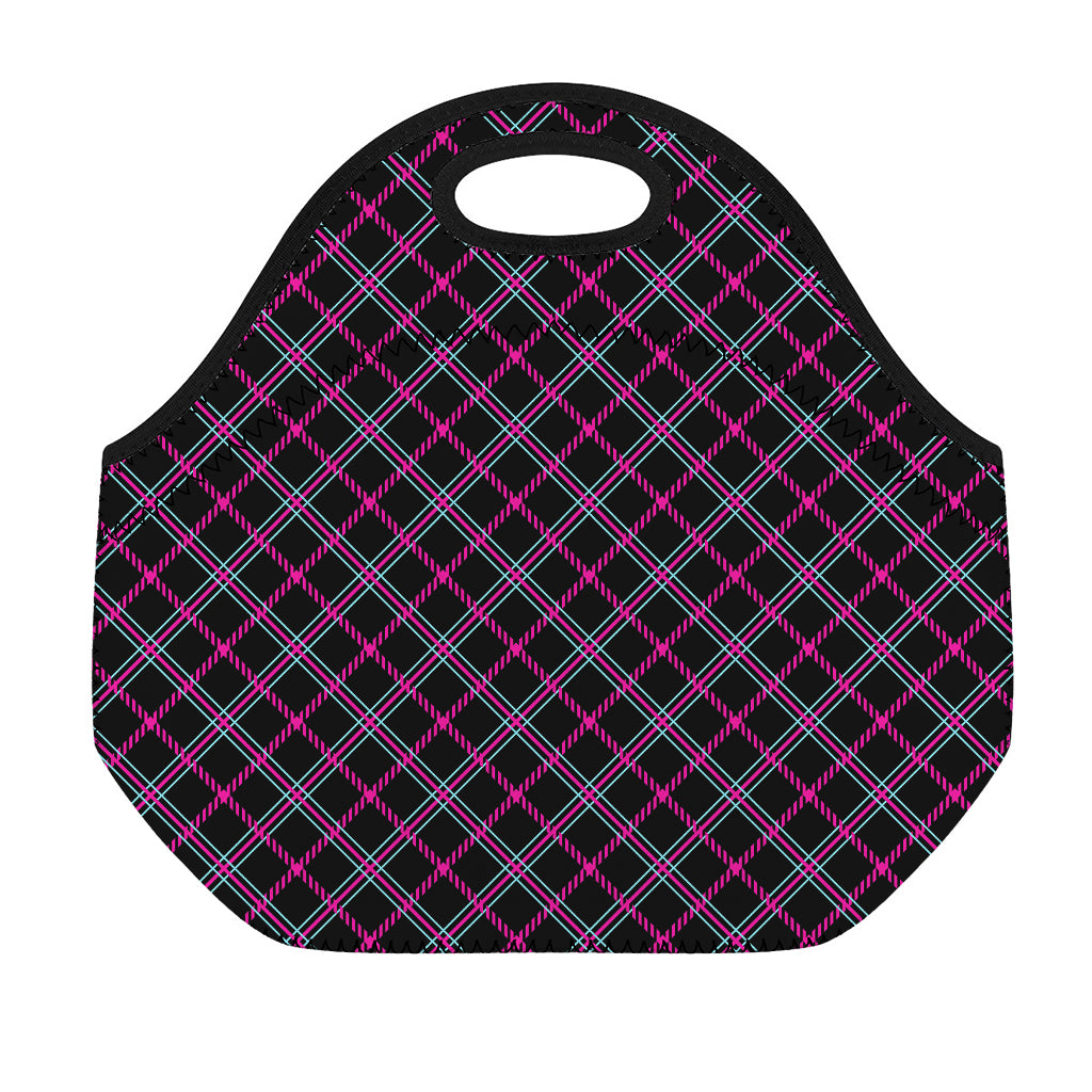 Black Pink And Blue Tartan Pattern Print Neoprene Lunch Bag