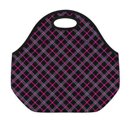 Black Pink And Blue Tartan Pattern Print Neoprene Lunch Bag