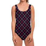 Black Pink And Blue Tartan Pattern Print One Piece Swimsuit