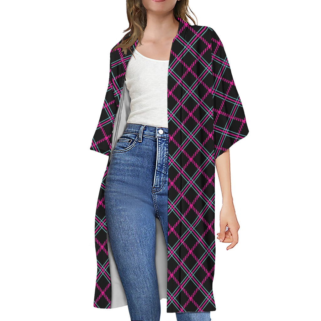 Black Pink And Blue Tartan Pattern Print Open Front Beach Cover Up