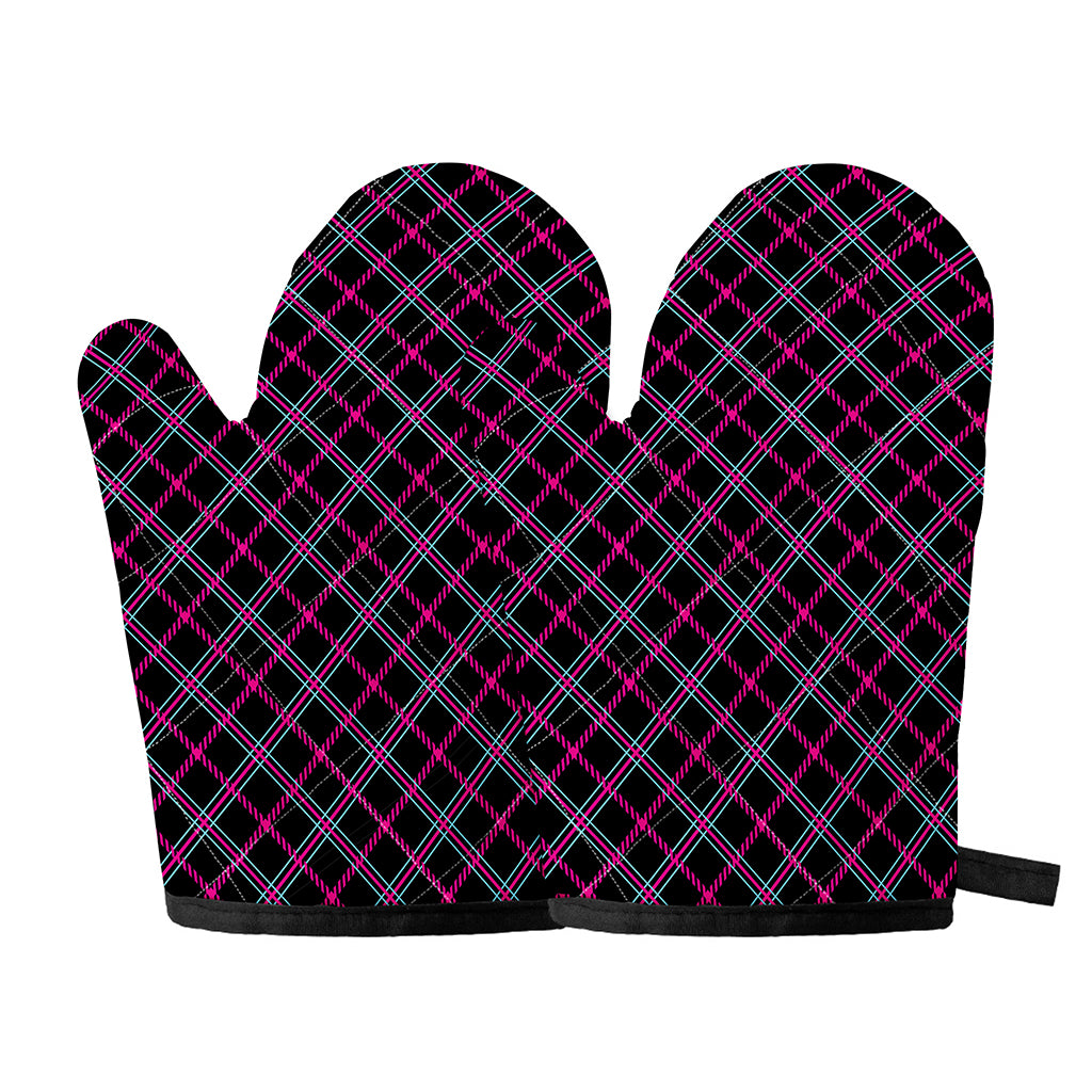 Black Pink And Blue Tartan Pattern Print Oven Mitts
