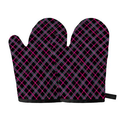 Black Pink And Blue Tartan Pattern Print Oven Mitts